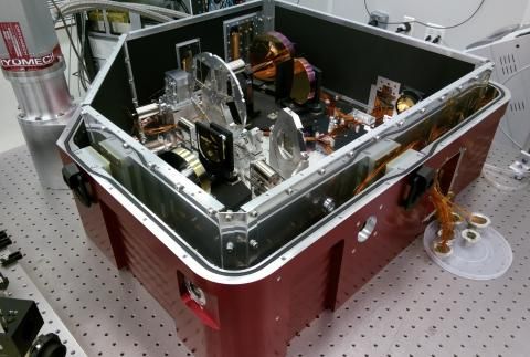 View of red outside and many parts inside the CHARIS spectrograph instrument
