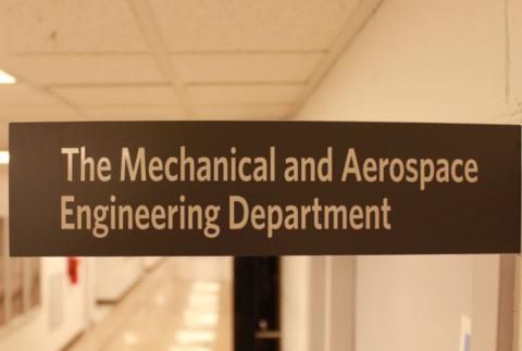 Sign in hallway that reads The Mechanical and Aerospace Engineering Department