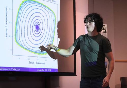 Sam Otto pointing to sensor measurement graph on projection screen