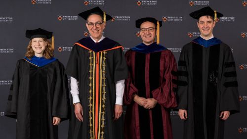 Clancy Rowley, President Eisgruber, and the two other winners of the President's Teaching Award