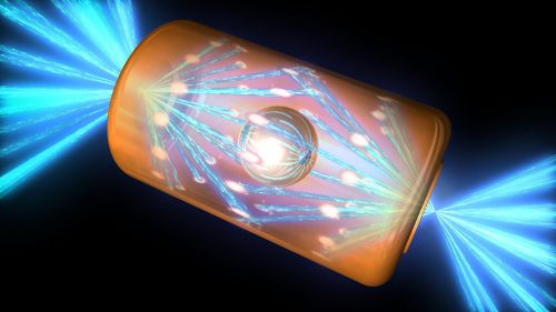 From the U.S. Dept of Energy: An artist's rendering shows a NIF target pellet inside a hohlraum capsule with laser beams entering through openings on either end. The beams compress and heat the target to the necessary conditions for nuclear fusion to occur.